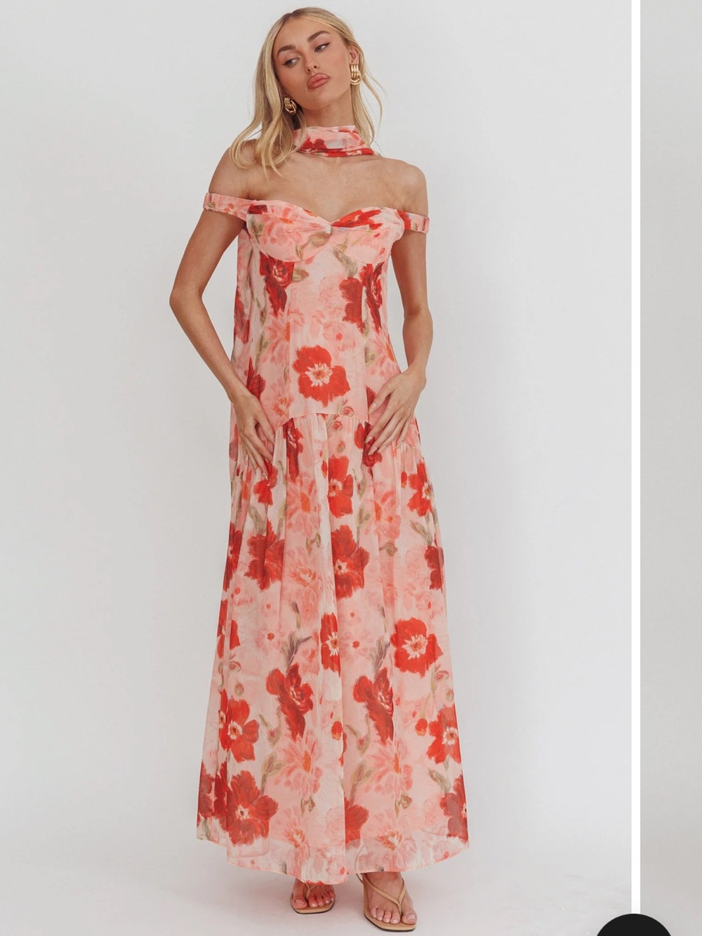 Selfie Leslie Off-Shoulder Pink Floral Maxi Dress with neck scarf